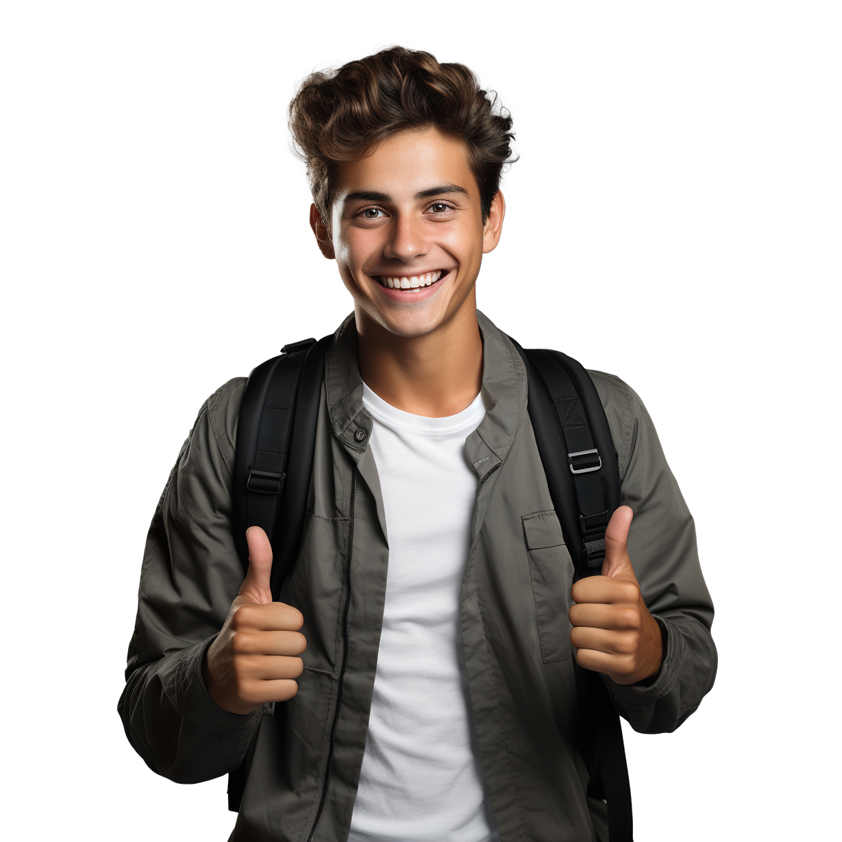 Estudiante sonriente con mochila haciendo pulgares arriba